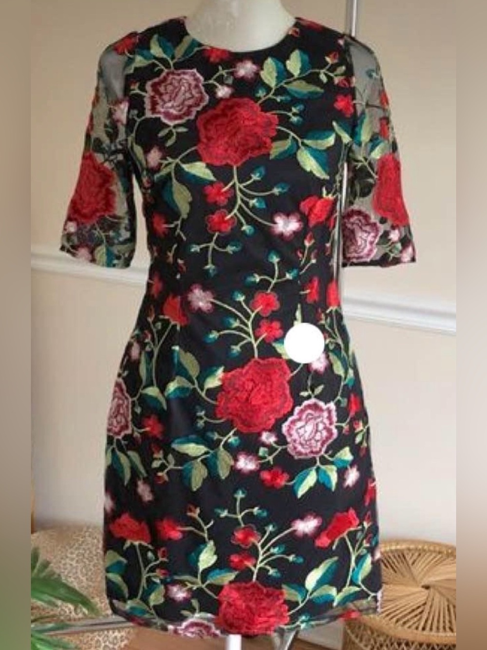 Aidan by Aidan Mattox Black Mini Dress with Red Rose Embroidery
